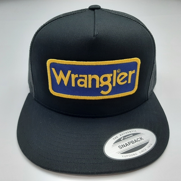 Wrangler Embroidered Vintage Patch Flat Bill Mesh Snapback Trucker Hat Cap Black - Picture 2 of 4